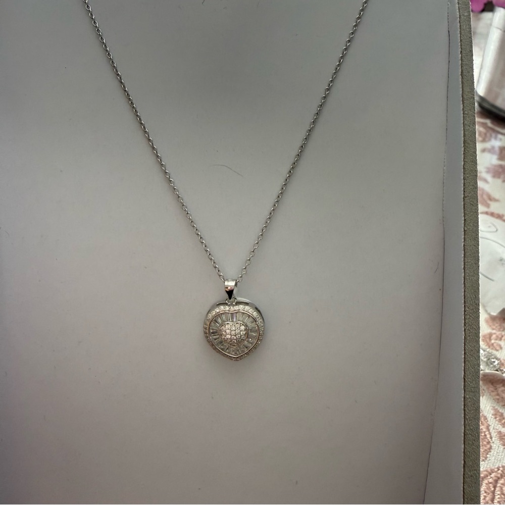 925 Sterling Silver Heart Pendant Necklace with Pave Crystal Detail